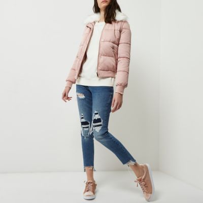 Pink faux fur trim puffer jacket